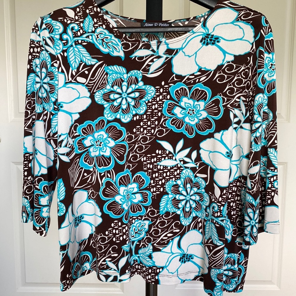 Tropical Design Blouse with white turquoise flowers on a brown background